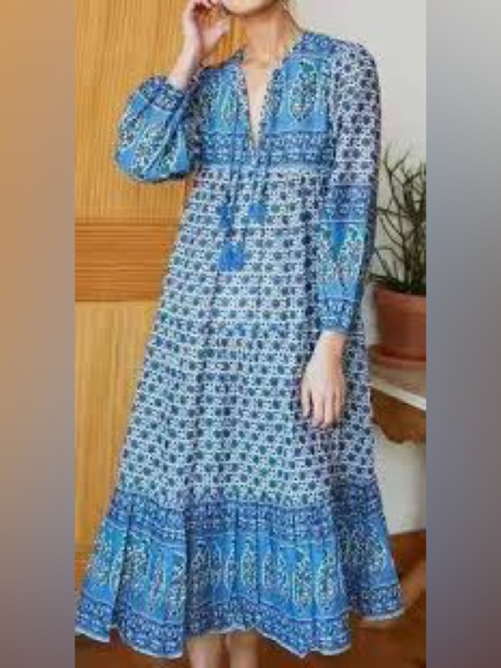 Emerson Fry by India Collection Blue Printed Maxi Dress with Tassel Tie medium
